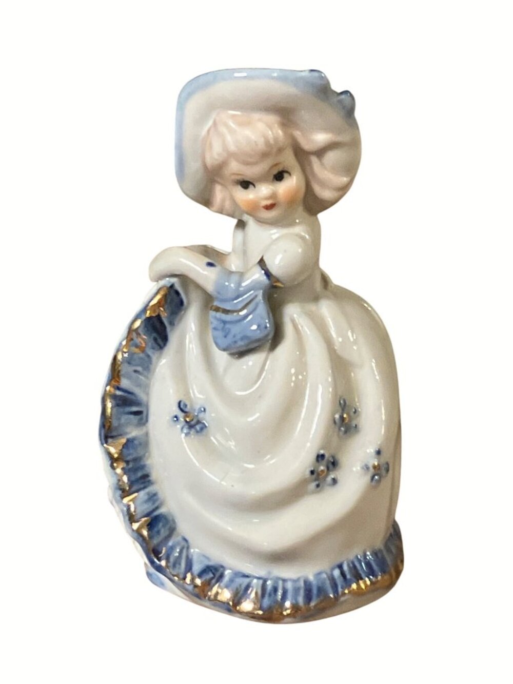 Girl In Bonnet With Blue and Gold Colored Accents Vintage Ceramic Figurine 5"
